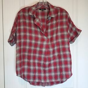 Madewell Courier Button Back Short Sleeve Top Fairfax Red Plaid F6362 XXS